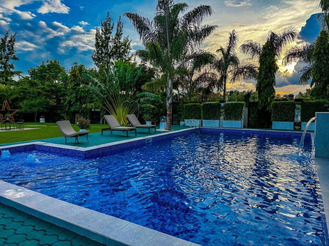 Njiro Legacy swimming pool at sunset